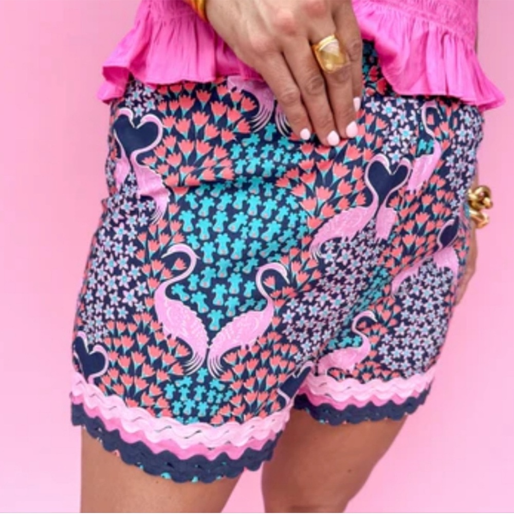 Simply Southern High Waist Patterned Flamingo Shorts in Pink, Navy & Teal